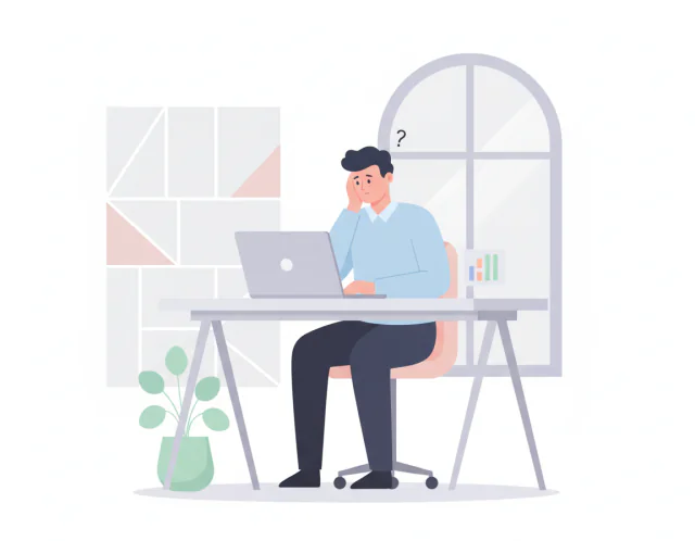 散らばった情報を前に困っている担当者のイラスト